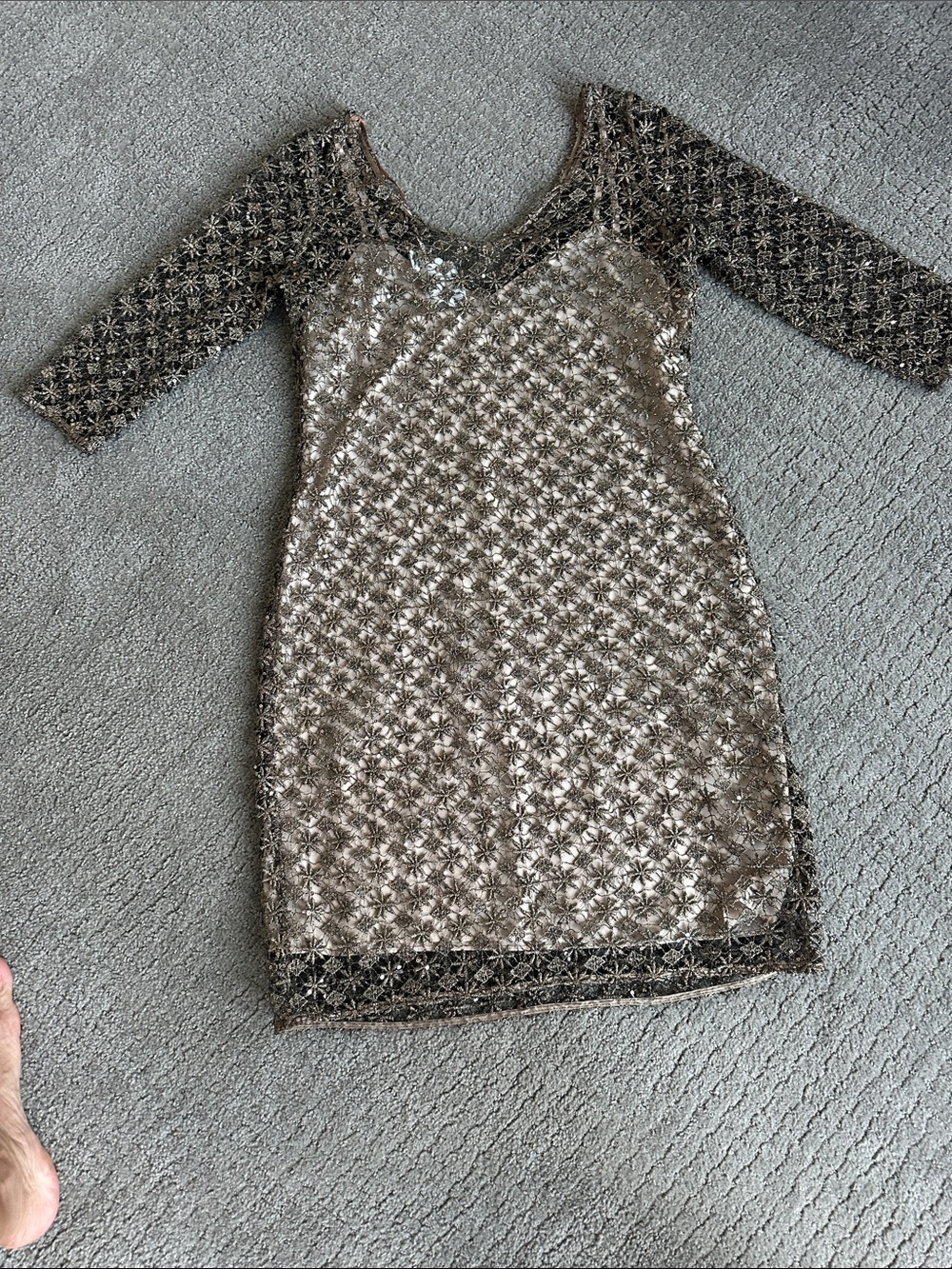Kay Unger Gold Sequin Dress with Black Lace Sleeves